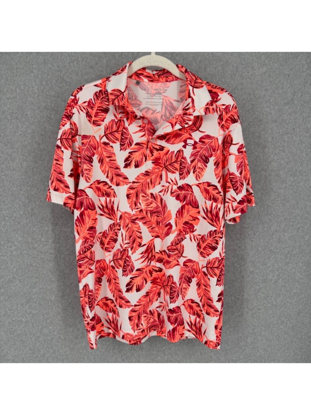 Under Armour Mens Playoff Golf Polo Size S White Orange Palm Print Loose Fit EUC